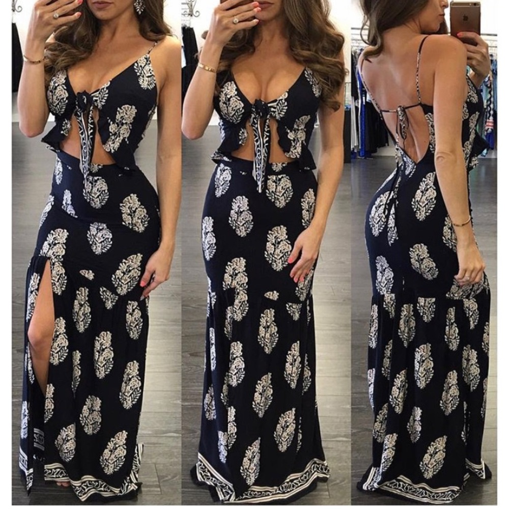 Maxi dress small (navy) open back and slit on leg